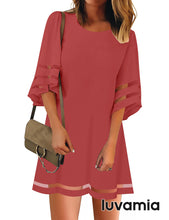 luvamia Women Dresses Casual Crewneck 3/4 Bell Sleeve Loose Mesh Panel Tunic Dress