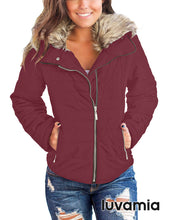 luvamia Women Casual Warm Winter Faux Fur Quilted Parka Lapel Zip Jacket Puffer Coat