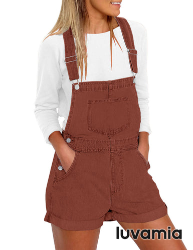 luvamia Women's Casual Adjustable Strap Cuffed Hem Denim Bib Overalls Shorts Romper