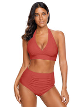 luvamia Women's Halter Self Tie Ruched High Waist Two Piece Bikini Set Swimsuits