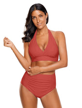 luvamia Women's Halter Self Tie Ruched High Waist Two Piece Bikini Set Swimsuits