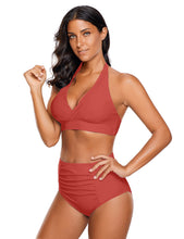luvamia Women's Halter Self Tie Ruched High Waist Two Piece Bikini Set Swimsuits