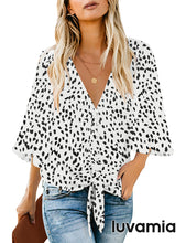luvamia Women's V Neck Tops Ruffle 3/4 Sleeve Tie Knot Blouses Button Down Shirts