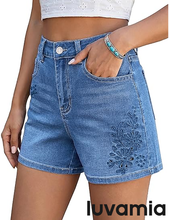 luvamia FleXclusive Jean Shorts for Women High Waisted Eyelet Embroidered Mid Thigh Wide Leg Stretchy Denim Shorts Summer Jorts