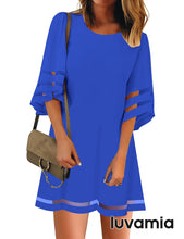 luvamia Women Dresses Casual Crewneck 3/4 Bell Sleeve Loose Mesh Panel Tunic Dress