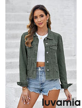 luvamia Women's Basic Button Down Stretch Fitted Long Sleeves Denim Jean Jacket