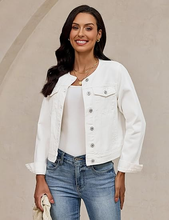 luvamia FleXclusive Women's Button Down Long Sleeves Crew Neck Denim Jacket