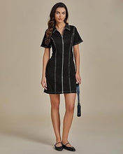 LUVAMIA Women's Short Sleeve Slim Tight Shirt-Neck Symmetrical Simple Versatile Denim Dress
