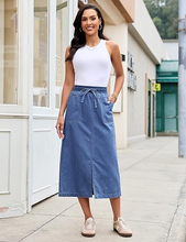 luvamia FleXclusive Jean Skirts for Women High Waisted Midi Denim Drawstring Elastic Waist Long Skirt with Pockets Front Slit