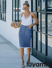 luvamia Women's Casual Mid Rise Button Down Frayed Raw Hem Fit Denim Jean Skirt