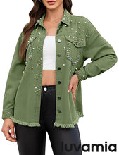 luvamia Jean Jacket for Women Trendy Rhinestone Embellished Long Sleeve Denim Jackets with Pockets