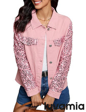 luvamia Sequin Jackets Women Jean Long Sleeves Trendy Sparkly Night Out Party Concert Stretchy Denim Jacket with Pockets