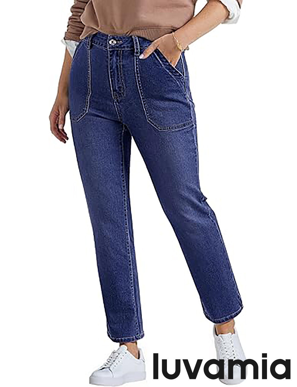 luvamia FleXclusive Women's Jeans High Waisted Straight Leg Tummy Control Stretchy Denim Pants Trendy Patch Pocket Trouser Jeans
