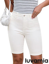 luvamia FleXclusive Bermuda Jean Shorts for Women Knee Length High Waisted Trendy Cuffed Hem Long Stretchy Denim Shorts Summer Jorts