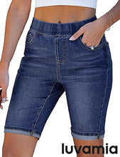luvamia FleXclusive Bermuda Shorts for Women Jean Pull On Elastic Waist High Waisted Knee Length Fold Hem Stretchy Denim Long Shorts