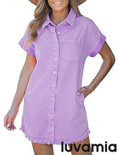 luvamia Denim Dress for Women Button Down Short Sleeves Casual Summer Jean Shirt Dresses with Pockets Frayed Hem