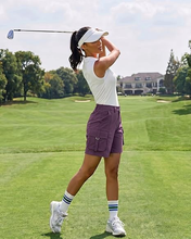 luvamia Cargo Shorts Women High Waisted Casual Elastic Waist 7" Inseam Mid Thigh Hiking Golf Shorts with Utility Pockets
