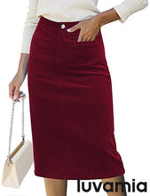 LUVAMIA 2025 Fall Winter Women's Corduroy Midi Skirt - High Waist Elastic Waistband Comfort Casual Solid Color Skirt