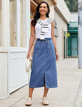 luvamia FleXclusive Jean Skirts for Women High Waisted Midi Denim Drawstring Elastic Waist Long Skirt with Pockets Front Slit
