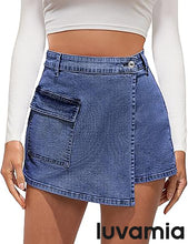 LUVAMIA Denim Skorts for Woman Cargo Faux Wrap Jean Skort Skirts Stretchy High Waisted Skirt Shorts