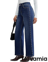 LUVAMIA  Women's High Rise Flare Jeans Washed Denim Trousers Studded Details Retro Style