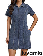 LUVAMIA Women's Short Sleeve Slim Tight Shirt-Neck Symmetrical Simple Versatile Denim Dress