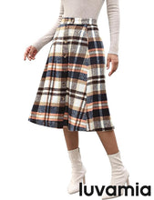 LUVAMIA High Waist A Line Maxi Skirt Women Plaid with Pockets Long Vintage Style Fall Winter