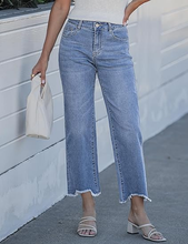 luvamia FleXclusive Straight Leg Jeans for Women Cropped Trendy Mid Rise Baggy Loose Distressed Casual Raw Hem Stretchy Denim Pants