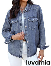 luvamia FleXclusive Denim Jackets for Women Trendy Long Sleeve Distressed Jean Button Down Shirts Jacket Shacket Trucker Jacket