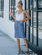 luvamia Women's Casual Mid Rise Button Down Frayed Raw Hem Fit Denim Jean Skirt