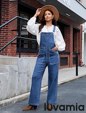 LUVAMIA Women's Denim Wide Leg Jumpsuit Side Snap Closure Five Pocket Utility