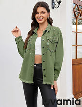 luvamia Jean Jacket for Women Trendy Rhinestone Embellished Long Sleeve Denim Jackets with Pockets