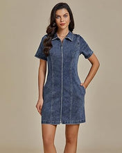 LUVAMIA Women's Short Sleeve Slim Tight Shirt-Neck Symmetrical Simple Versatile Denim Dress
