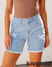 LUVAMIA Women's High Waisted Distressed Raw Hem Stretch Denim Shorts