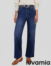 LUVAMIA  Women's High Rise Flare Jeans Washed Denim Trousers Studded Details Retro Style