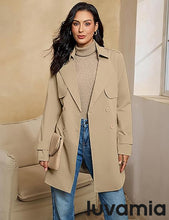 luvamia Trench Coat Women Mid Length Classic Double Breasted Lapel Business Casual Fall Jacket Coats Outerwear with Belt