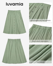 luvamia Linen Skirts for Women Midi Pleated Elastic High Waisted Casual Button Down A Line Flowy Summer Skirt with Pockets