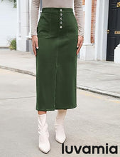 luvamia Corduroy Skirts for Women Midi Length High Waisted Button Fly Fall Casual Elastic Waist Long Skirt with Slit