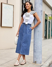 luvamia FleXclusive Jean Skirts for Women High Waisted Midi Denim Drawstring Elastic Waist Long Skirt with Pockets Front Slit