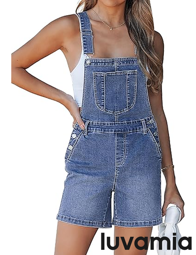 luvamia FleXclusive Denim Overalls for Women Loose Fit Baggy Jean Shorts Overall Bib Summer Casual Stretchy Adjustable Shortalls