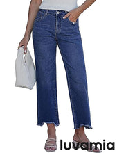 luvamia FleXclusive Straight Leg Jeans for Women Cropped Trendy Mid Rise Baggy Loose Distressed Casual Raw Hem Stretchy Denim Pants