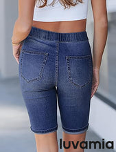 luvamia FleXclusive Bermuda Shorts for Women Jean Pull On Elastic Waist High Waisted Knee Length Fold Hem Stretchy Denim Long Shorts