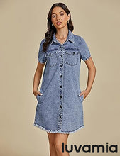 LUVAMIA Women's Midi Sundresses Crewneck short Sleeve Denim Casual Dress