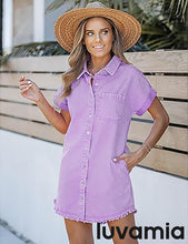 luvamia Denim Dress for Women Button Down Short Sleeves Casual Summer Jean Shirt Dresses with Pockets Frayed Hem