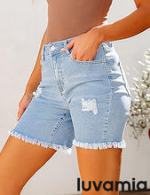 LUVAMIA Women's High Waisted Distressed Raw Hem Stretch Denim Shorts