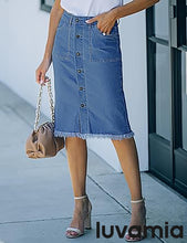 luvamia Women's Casual Mid Rise Button Down Frayed Raw Hem Fit Denim Jean Skirt