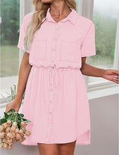 luvamia Women Casual Denim Dress Short Sleeve Tie Waist Classic Jean Shirt Dress