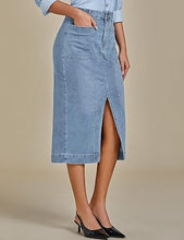 LUVAMIA Women's Skirts High Waisted Below Knee Split Hem Denim Bodycon Midi