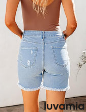 LUVAMIA Women's High Waisted Distressed Raw Hem Stretch Denim Shorts