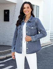 luvamia FleXclusive Denim Jackets for Women Trendy Long Sleeve Distressed Jean Button Down Shirts Jacket Shacket Trucker Jacket